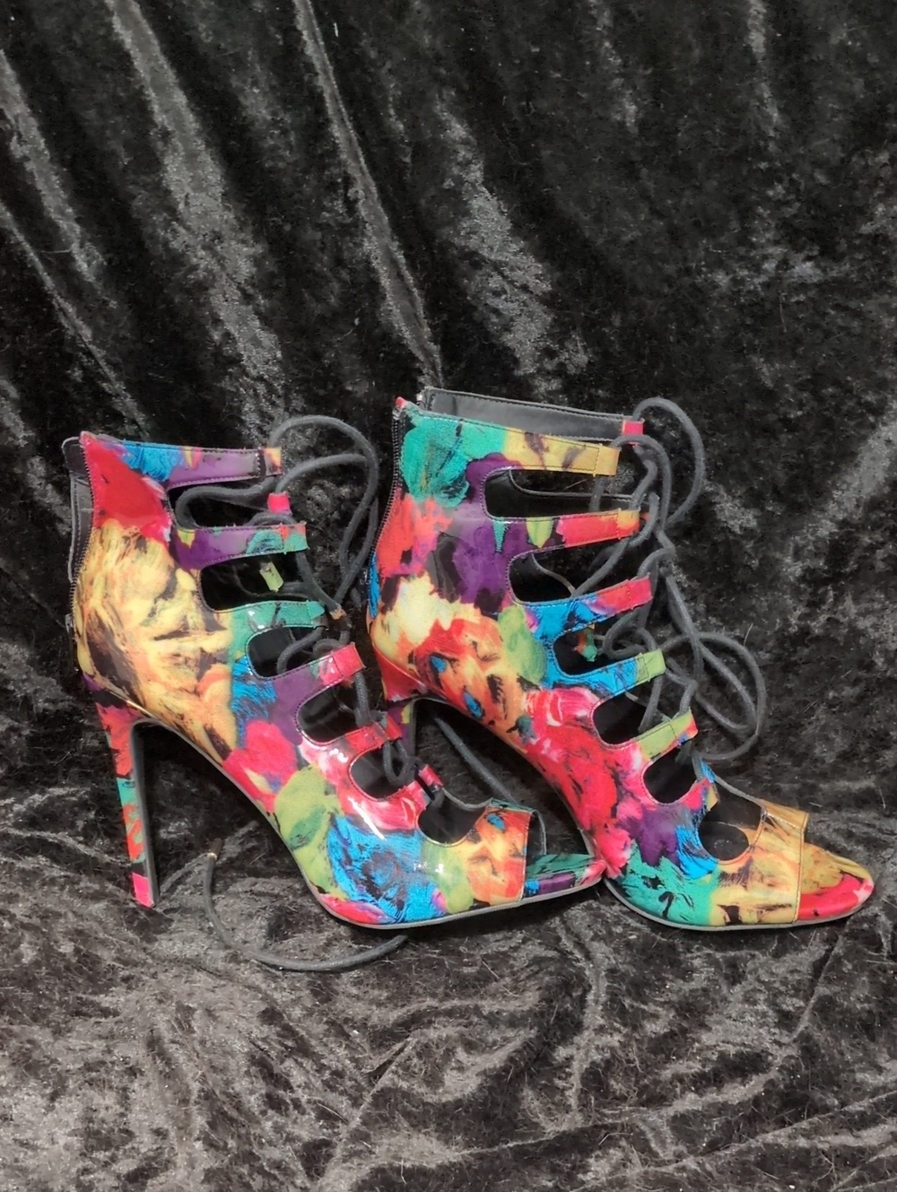 Candie's Multicolor Floral Lace-Up Stiletto Open Toe Heels